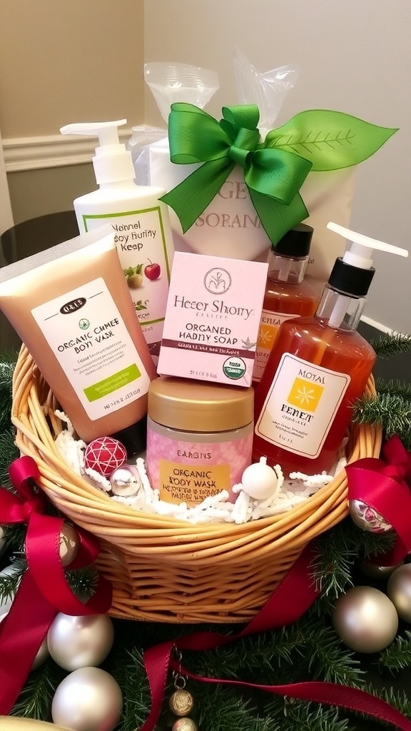 A festive gift basket with hygiene products like body wash, hand soap, and skincare items.